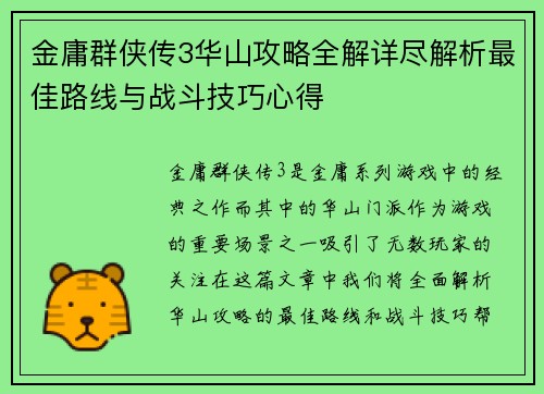 金庸群侠传3华山攻略全解详尽解析最佳路线与战斗技巧心得